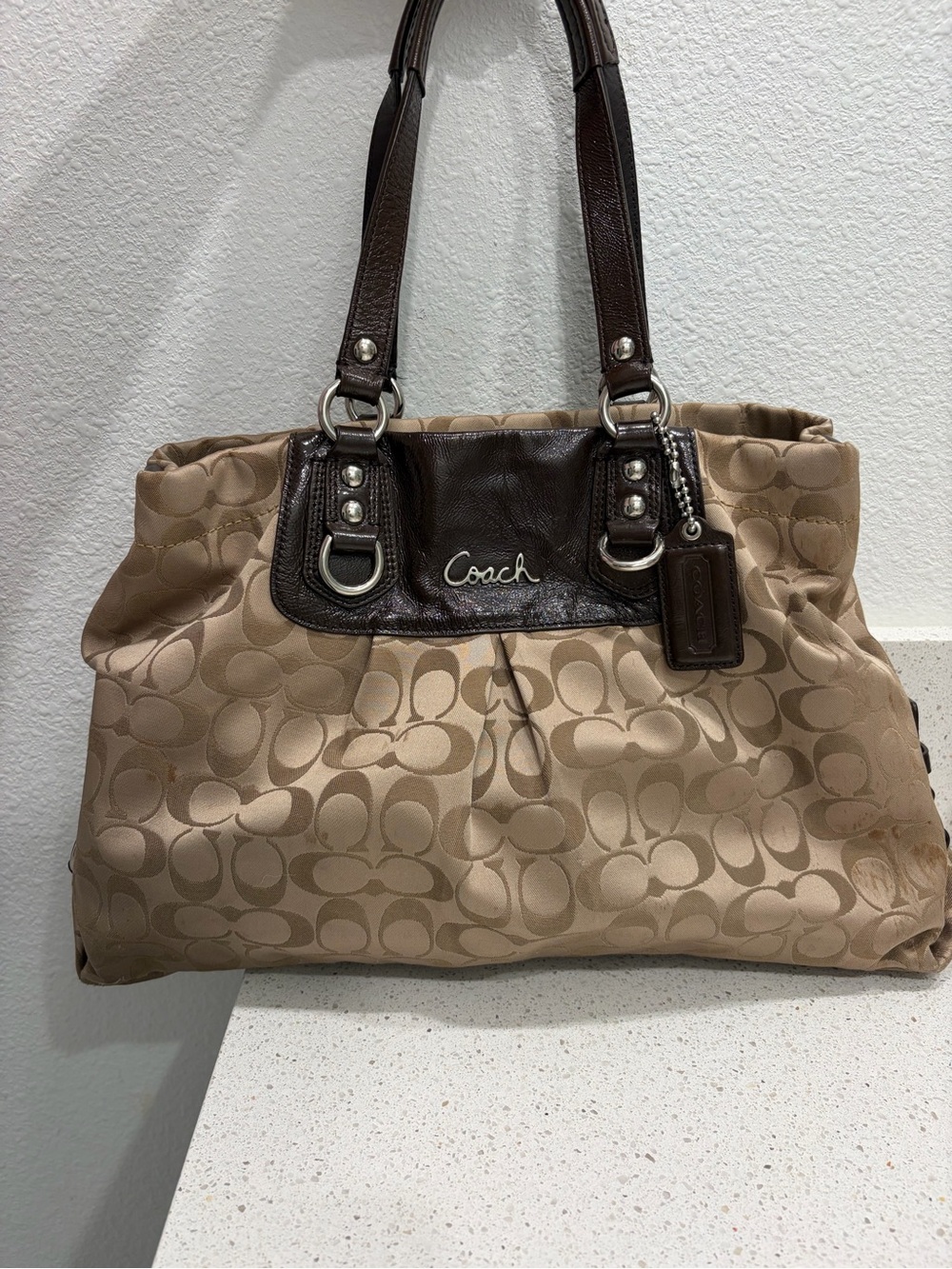 Coach Ashley Signature Sateen Carryall Satchel Bag F15510 Khaki Brown Leather⁠